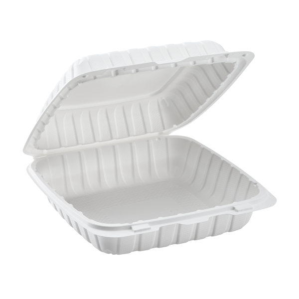 8831W Emerald White Mineral Filled Hinged Food Containers, 8-in x 8-in x-3-in, 1 Compartment (150ct)